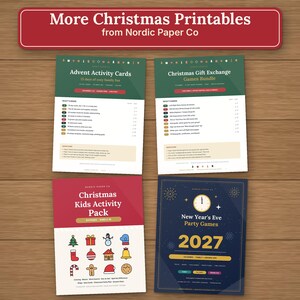 Puede incluir: Cuatro hojas de actividades imprimibles tituladas More Christmas Printables from Nordic Paper Co, que incluyen Advent Activity Cards, Christmas Gift Exchange Games Bundle, Christmas Kids Activity Pack y New Year's Eve Party Games 2027.