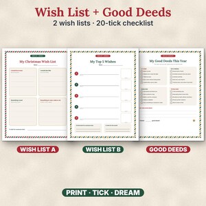 Puede incluir: Tres p&aacute;ginas imprimibles tituladas Wish List + Good Deeds, que incluyen dos listas de deseos y una lista de verificaci&oacute;n de 20 casillas. Las p&aacute;ginas contienen secciones para My Christmas Wish List, My Top 5 Wishes y My Good Deeds This Year, enmarcadas con un borde de rayas rojas y verdes.