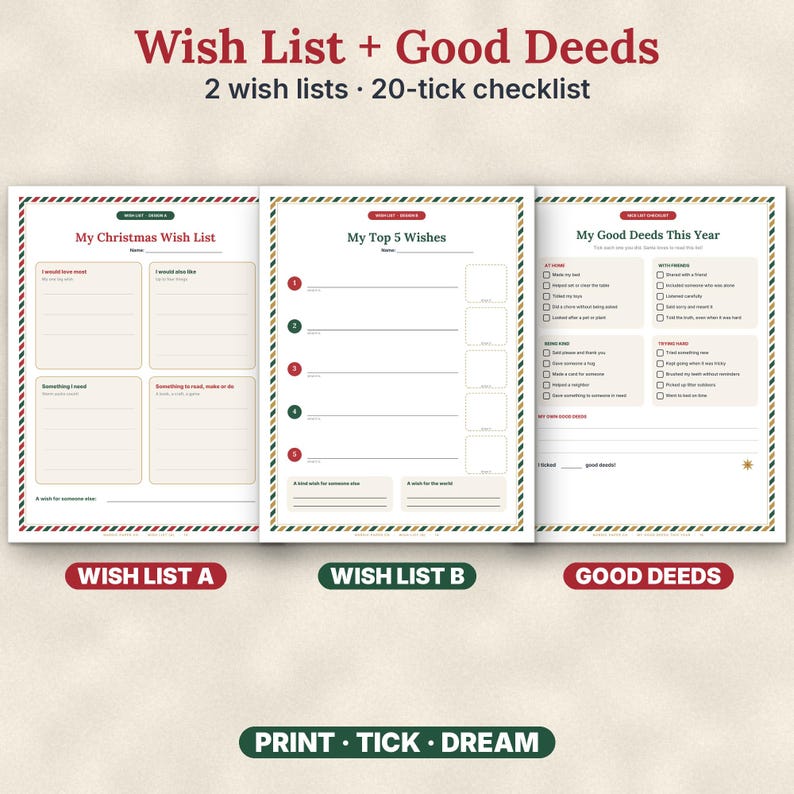 Puede incluir: Tres p&aacute;ginas imprimibles tituladas Wish List + Good Deeds, que incluyen dos listas de deseos y una lista de verificaci&oacute;n de 20 casillas. Las p&aacute;ginas contienen secciones para My Christmas Wish List, My Top 5 Wishes y My Good Deeds This Year, enmarcadas con un borde de rayas rojas y verdes.