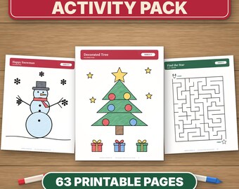 Printable Christmas Activity Pack for Kids, 63 Pages of Coloring, Mazes, Word Search & Party Games