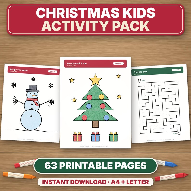 Printable Christmas Activity Pack for Kids, 63 Pages of Coloring, Mazes, Word Search & Party Games image 1