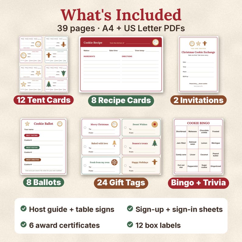 Christmas Cookie Exchange Kit, Printable Cookie Swap Party Invites, Ballots, Recipe Cards, Tent Cards image 2