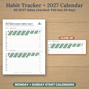 May include: A 2027 habit tracker and calendar page featuring two habit sections with rows for months and columns for days. The grid displays green squares for tracked days and includes a close-up view of the first habit section. Text includes Habit Tracker, 2027 habit tracker: habits 1 and 2, and 2027 dates checked: Feb has 28 days.