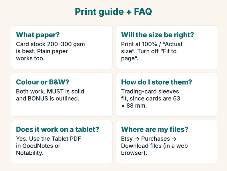 May include: A digital print guide and FAQ infographic with dark green text on a light background. It includes sections on paper weight, printing settings, color options, storage for 63 x 88 mm cards, tablet compatibility, and file access instructions.