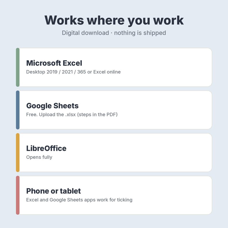 May include: A digital information graphic titled Works where you work, listing compatibility for Microsoft Excel, Google Sheets, LibreOffice, and mobile devices like phones or tablets, with color-coded bars for each software category.