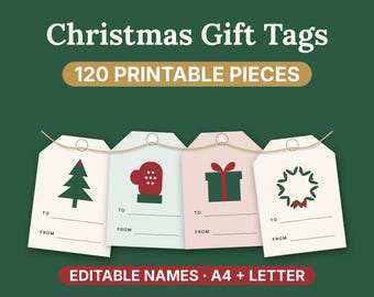 Printable Christmas Gift Tags, 120 Pieces, Scandinavian Editable Name Tags, A4 & US Letter