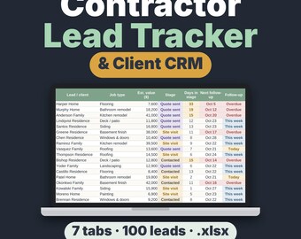 Contractor Lead Tracker & Client CRM Spreadsheet, Excel and Google Sheets Quote Follow-Up Template