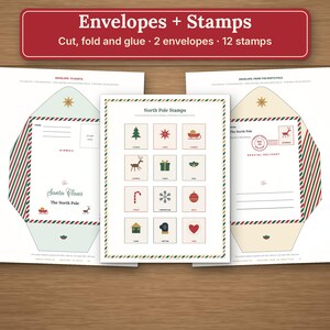 Puede incluir: Un set de manualidades imprimible con dos plantillas de sobres y doce sellos decorativos. Los sobres incluyen textos como To Santa Claus y From The North Pole. Los sellos presentan iconos navide&ntilde;os como &aacute;rboles y corazones.