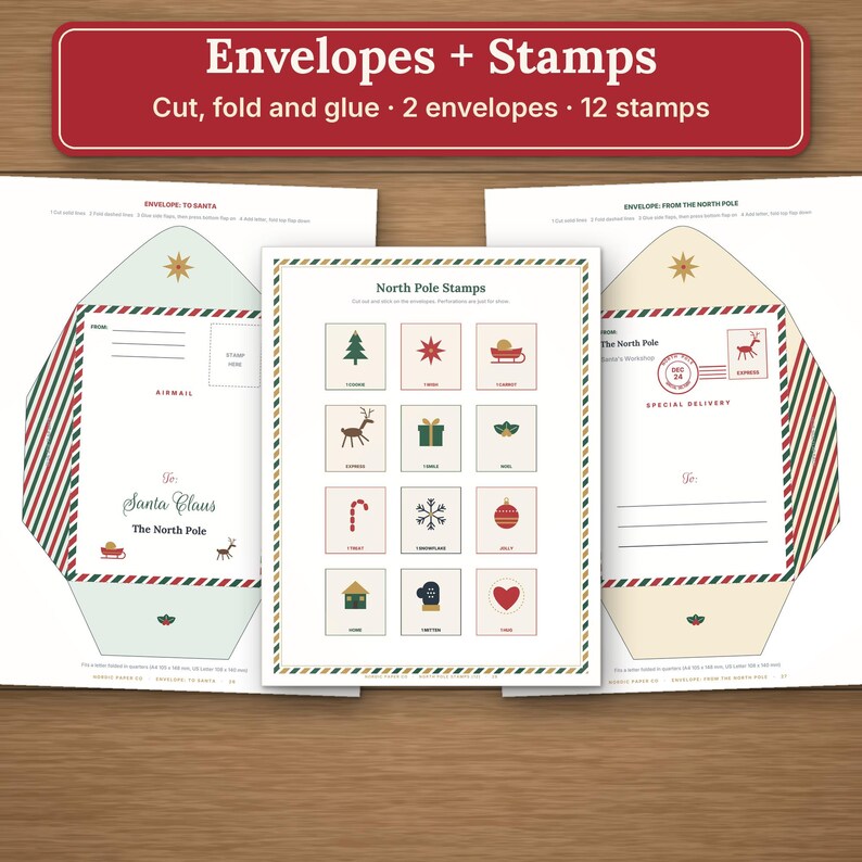 Puede incluir: Un set de manualidades imprimible con dos plantillas de sobres y doce sellos decorativos. Los sobres incluyen textos como To Santa Claus y From The North Pole. Los sellos presentan iconos navide&ntilde;os como &aacute;rboles y corazones.
