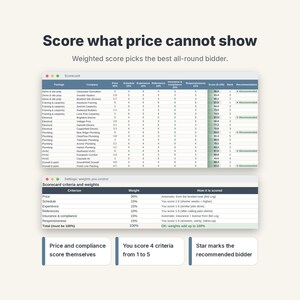 Contractor Bid Comparison Template, Construction Bid Leveling Spreadsheet, Quote Sheet image 5