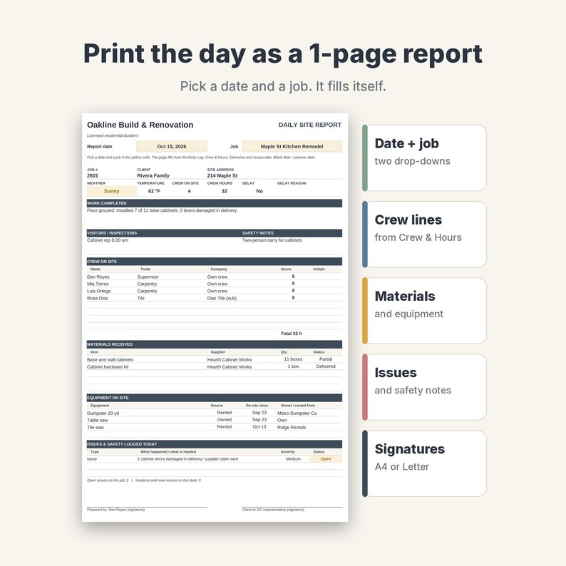 Construction Daily Log Template, Site Report & Job Diary Spreadsheet for Contractors image 4