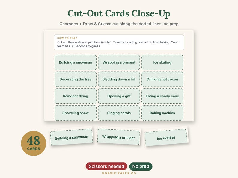 May include: A printable sheet of 48 game cards titled Cut-Out Cards Close-Up with instructions for charades and draw and guess. The cards feature holiday activities like Building a snowman, Wrapping a present, and Ice skating with dotted lines for cutting.