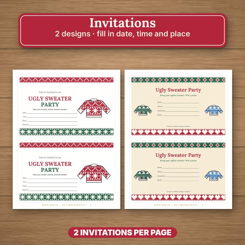 Kit imprimible para fiesta de suéteres navideños feos, boletas para concursos, premios, bingo e invitaciones. imagen 3