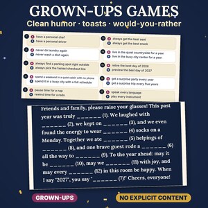 May include: A game card set titled GROWN-UPS GAMES featuring clean humor, toasts, and would-you-rather prompts. The cards display numbered lists of choices like having a personal chef or driver, and a fill-in-the-blank toast template for friends and family.