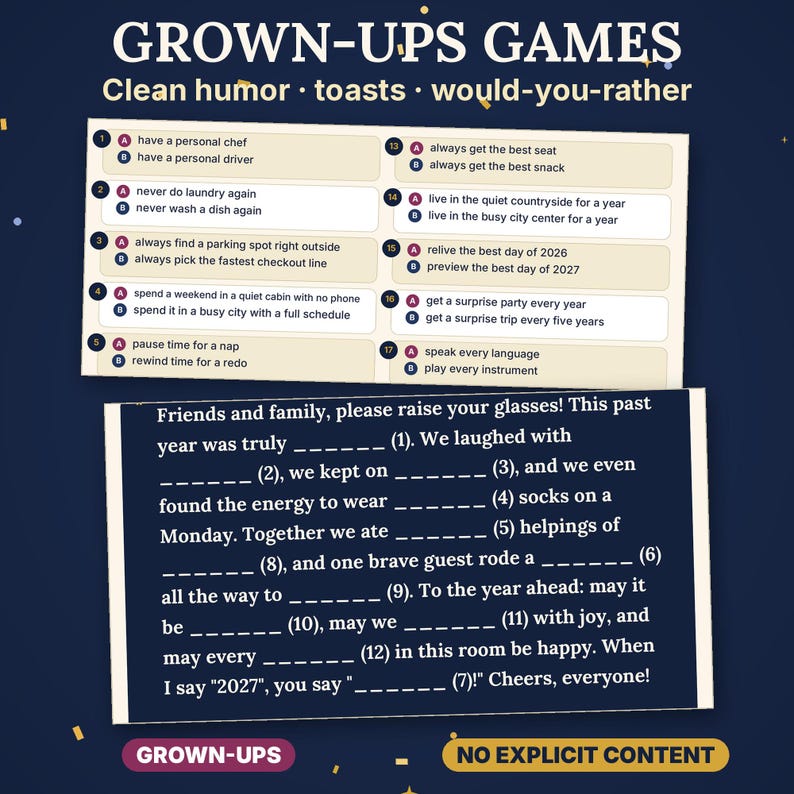 May include: A game card set titled GROWN-UPS GAMES featuring clean humor, toasts, and would-you-rather prompts. The cards display numbered lists of choices like having a personal chef or driver, and a fill-in-the-blank toast template for friends and family.