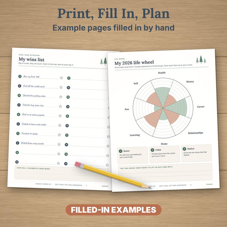 May include: Two open pages of a goal setting workbook featuring a My Wins List and a 2026 Life Wheel diagram. The pages include text, numbered lists, star icons, and a circular chart with green and orange shading. A yellow pencil rests across the pages.