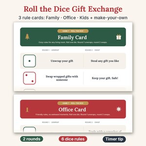 May include: Roll the Dice Gift Exchange game cards featuring Family and Office rule sets. The green Family card and red Office card display dice icons and text instructions for two rounds of play, including unwrap and swap actions.