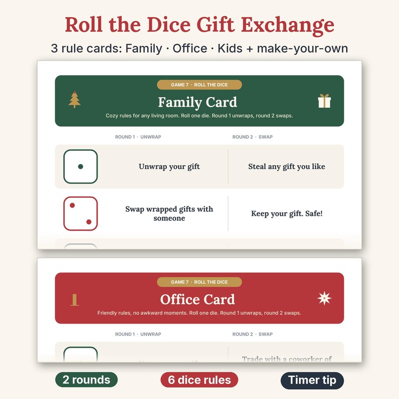 May include: Roll the Dice Gift Exchange game cards featuring Family and Office rule sets. The green Family card and red Office card display dice icons and text instructions for two rounds of play, including unwrap and swap actions.