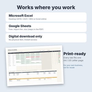 May include: A digital weekly crew schedule template compatible with Microsoft Excel and Google Sheets. The document features a grid layout for tracking tasks and personnel, with text indicating it is a digital download and print-ready for A4 or US Letter pages.