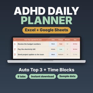 ADHD Daily Planner Spreadsheet, To-Do List with Auto Top 3 & Time Blocking image 1