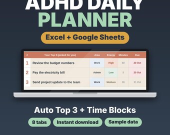 ADHD Daily Planner Spreadsheet, To-Do List with Auto Top 3 & Time Blocking