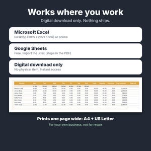 K&ouml;nnte beinhalten: Eine digitale Stundenzettel-Vorlage f&uuml;r Microsoft Excel und Google Sheets. Die Grafik zeigt Kompatibilit&auml;tsinformationen, einen Hinweis zum digitalen Download und eine Mustertabelle mit Spalten f&uuml;r Namen, Arbeitsstunden und Lohnsch&auml;tzungen.