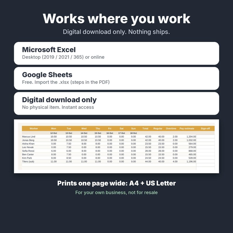 K&ouml;nnte beinhalten: Eine digitale Stundenzettel-Vorlage f&uuml;r Microsoft Excel und Google Sheets. Die Grafik zeigt Kompatibilit&auml;tsinformationen, einen Hinweis zum digitalen Download und eine Mustertabelle mit Spalten f&uuml;r Namen, Arbeitsstunden und Lohnsch&auml;tzungen.
