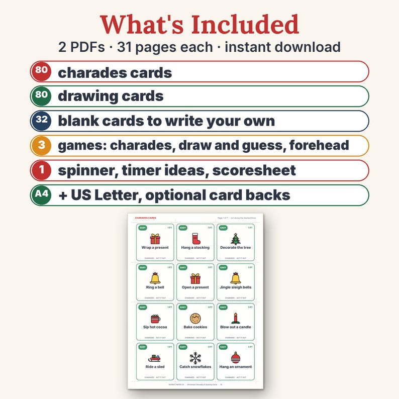 Christmas Charades Printable Party Game, 160 Act It Out and Draw & Guess Cards for Kids and Adults image 2