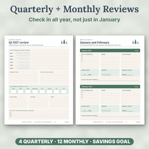 May include: A two-page goal setting workbook layout featuring Quarterly and Monthly Reviews. The left page shows Q1 2027 review sections, while the right page displays January and February 2027 check-in templates with green and beige accents.