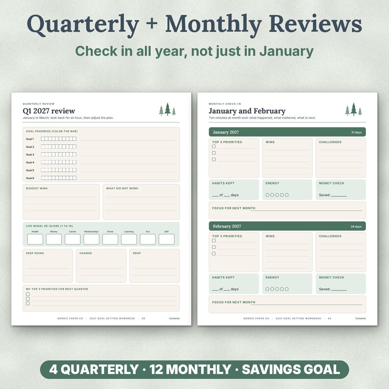 May include: A two-page goal setting workbook layout featuring Quarterly and Monthly Reviews. The left page shows Q1 2027 review sections, while the right page displays January and February 2027 check-in templates with green and beige accents.
