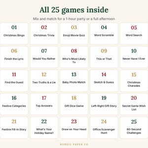 Pode incluir: Uma grade de 25 jogos de festa de Natal numerados em um fundo claro. O texto diz All 25 games inside, Mix and match for a 1-hour party or a full afternoon, e lista t&iacute;tulos como Christmas Bingo, Trivia e Word Scramble.