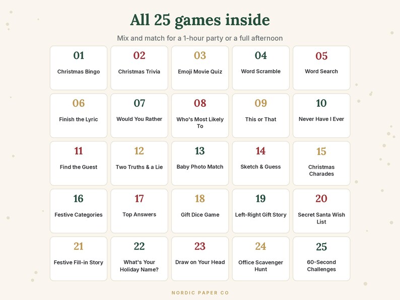 Pode incluir: Uma grade de 25 jogos de festa de Natal numerados em um fundo claro. O texto diz All 25 games inside, Mix and match for a 1-hour party or a full afternoon, e lista t&iacute;tulos como Christmas Bingo, Trivia e Word Scramble.