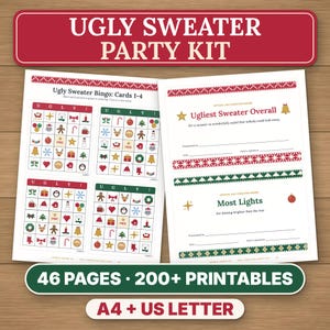 Kit imprimible para fiesta de suéteres navideños feos, boletas para concursos, premios, bingo e invitaciones. imagen 1