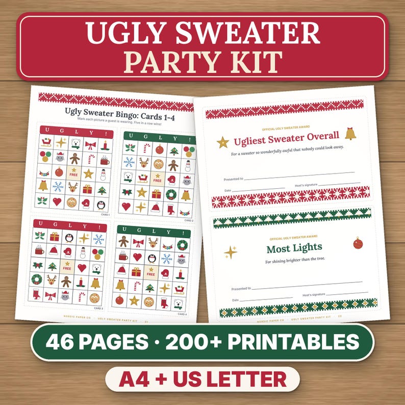 Kit imprimible para fiesta de suéteres navideños feos, boletas para concursos, premios, bingo e invitaciones. imagen 1