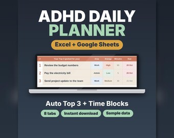 ADHD Daily Planner Template, ADHD To Do List Spreadsheet with Time Blocking, Excel & Google Sheets Daily Planner