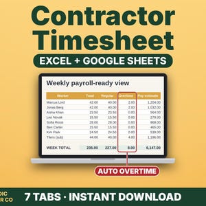 K&ouml;nnte beinhalten: Eine digitale Stundenzettel-Vorlage f&uuml;r Auftragnehmer f&uuml;r Excel und Google Sheets auf einem Laptop-Bildschirm. Die Tabelle zeigt eine w&ouml;chentliche Lohnabrechnungsansicht mit Spalten f&uuml;r Namen, Arbeitsstunden, &Uuml;berstunden und Lohnsch&auml;tzungen.