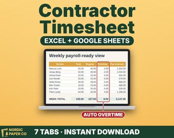 Contractor Timesheet Template, Overtime and Job Cost Tracker for Crews, Excel and Google Sheets