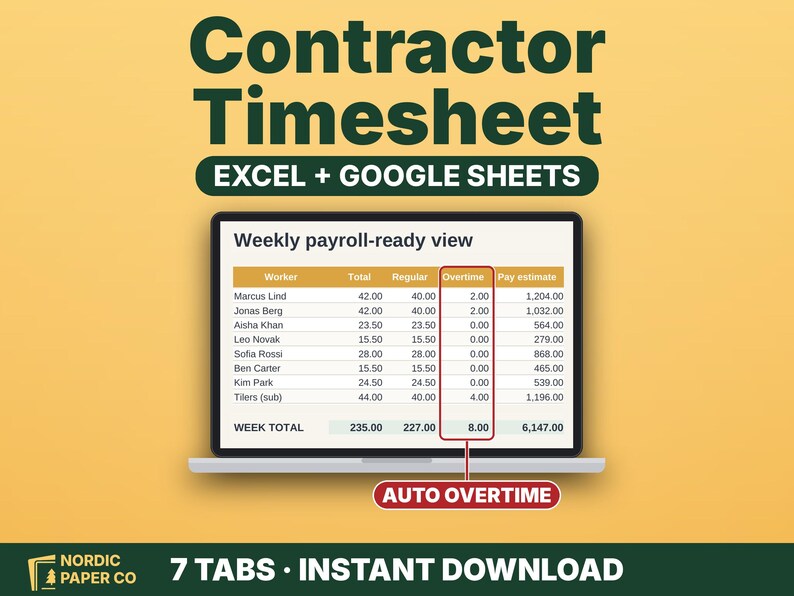 K&ouml;nnte beinhalten: Eine digitale Stundenzettel-Vorlage f&uuml;r Auftragnehmer f&uuml;r Excel und Google Sheets auf einem Laptop-Bildschirm. Die Tabelle zeigt eine w&ouml;chentliche Lohnabrechnungsansicht mit Spalten f&uuml;r Namen, Arbeitsstunden, &Uuml;berstunden und Lohnsch&auml;tzungen.