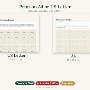 May include: A printable Christmas Bingo game set featuring two layout options labeled US Letter 8.5 x 11 in and A4 21 x 29.7 cm. The cards include a grid of holiday-themed words like Snowman, Reindeer, and Candy Cane with instructions.