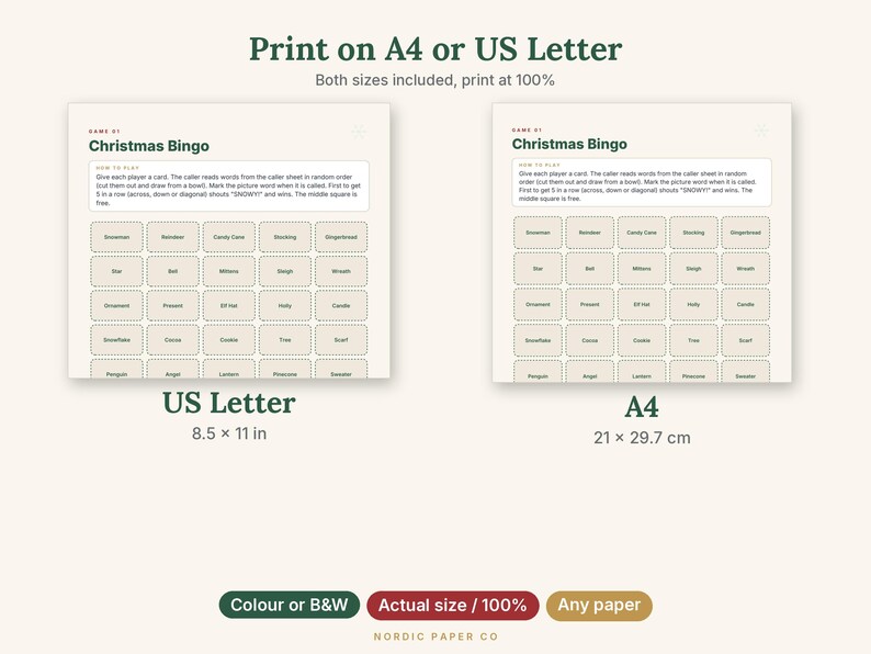May include: A printable Christmas Bingo game set featuring two layout options labeled US Letter 8.5 x 11 in and A4 21 x 29.7 cm. The cards include a grid of holiday-themed words like Snowman, Reindeer, and Candy Cane with instructions.