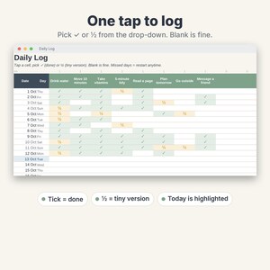 May include: A digital daily log spreadsheet interface featuring columns for habits like drinking water and reading. The header reads One tap to log, and the table includes checkmarks and half-filled symbols to track progress across October dates.