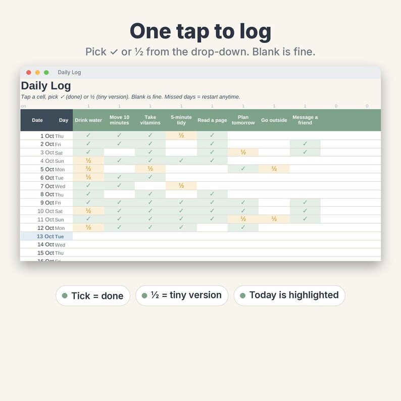 May include: A digital daily log spreadsheet interface featuring columns for habits like drinking water and reading. The header reads One tap to log, and the table includes checkmarks and half-filled symbols to track progress across October dates.