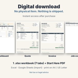 May include: A digital download template set featuring a contractor dashboard, quote, invoice, and job costing sheet. Includes one .xlsx workbook with seven tabs and a Start Here PDF, compatible with Excel and Google Sheets for A4 or US Letter.
