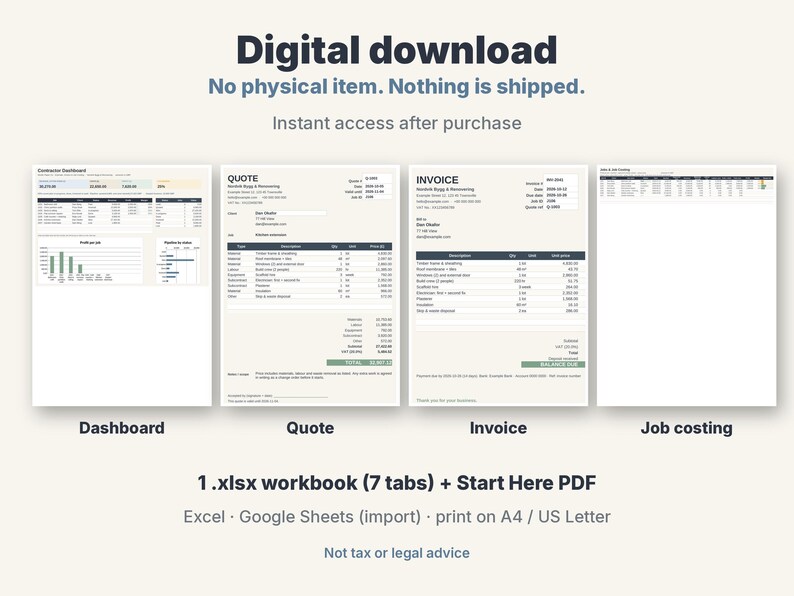 May include: A digital download template set featuring a contractor dashboard, quote, invoice, and job costing sheet. Includes one .xlsx workbook with seven tabs and a Start Here PDF, compatible with Excel and Google Sheets for A4 or US Letter.