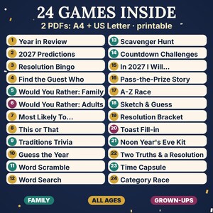 May include: A digital list titled 24 GAMES INSIDE with 2 PDFs in A4 and US Letter sizes. The list includes Year in Review, 2027 Predictions, Resolution Bingo, Find the Guest Who, Would You Rather, Most Likely To, and other party games.