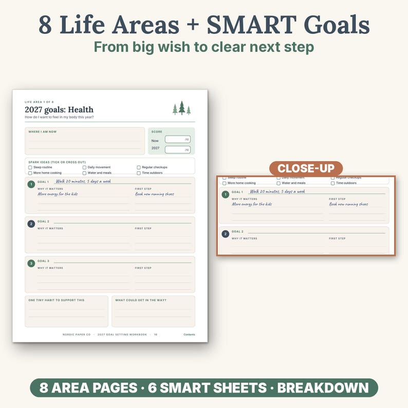 May include: A goal setting workbook page titled 2027 goals: Health, featuring sections for current status, spark ideas, and three SMART goals. The page includes a close-up view of the goal section with handwritten text and pine tree icons.
