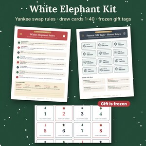 May include: A White Elephant Kit featuring printed game materials including a rule sheet, a page of Frozen Gift Tags, and a sheet of numbered draw cards from 1 to 40. The documents contain text instructions for party games and gift exchange rules.