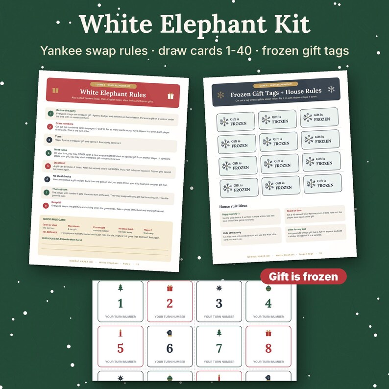 May include: A White Elephant Kit featuring printed game materials including a rule sheet, a page of Frozen Gift Tags, and a sheet of numbered draw cards from 1 to 40. The documents contain text instructions for party games and gift exchange rules.