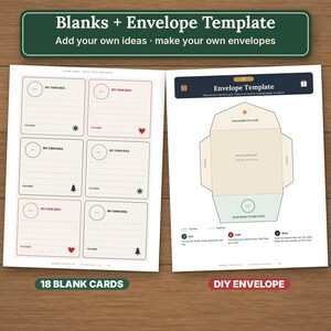 May include: A printable set featuring 18 blank cards with lined spaces for ideas and a DIY envelope template. The cards include small icons like hearts and trees. The envelope template provides instructions for cutting, folding, and gluing to create a custom envelope.