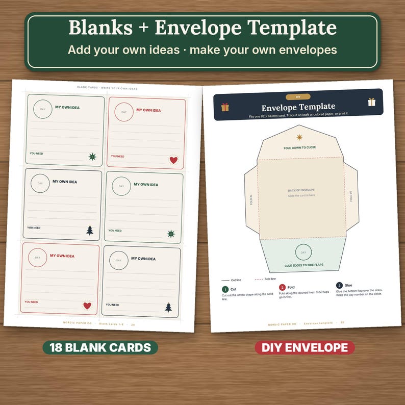 May include: A printable set featuring 18 blank cards with lined spaces for ideas and a DIY envelope template. The cards include small icons like hearts and trees. The envelope template provides instructions for cutting, folding, and gluing to create a custom envelope.